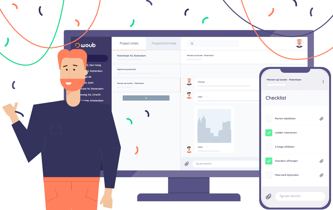 Illustratie van projectcommunicatie app Woub met persoon ernaast